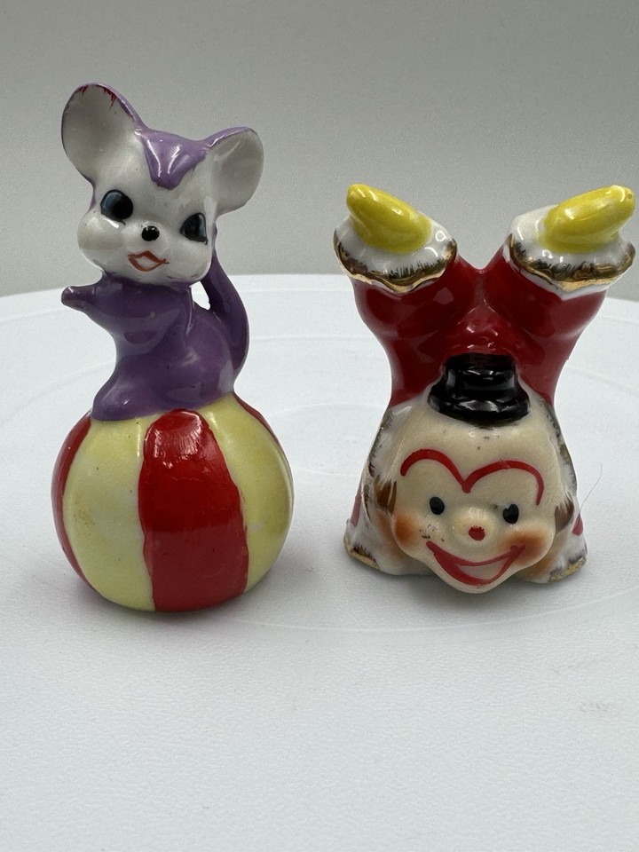 Kitschy hand-painted Japanese circus clown and anthropomorphic mouse salt & pepper shakers that belong on every maximalist shelf.