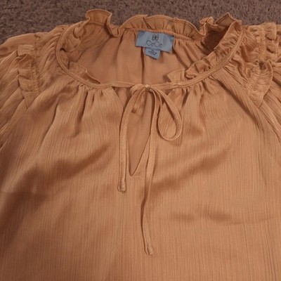 CeCe Blouse Womens XL Beige Ruffle Flutter Sleeve Tie Neck Lined Textured Top