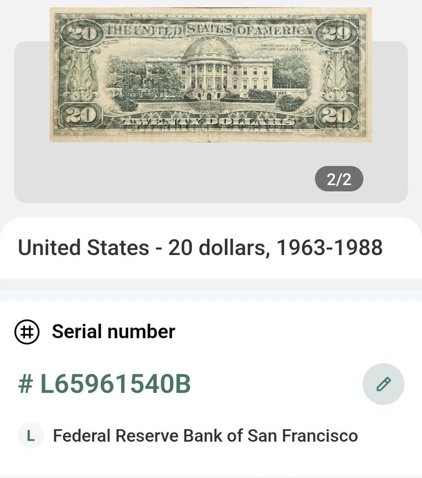 1981 A $20 Twenty Dollar Bill L65961540 Fancy Serial Federal Reserve Note - Image 2 of 4