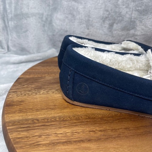 Lands' End Slippers Boys 3 Navy Suede Leather Faux Fur Lined Moccasin Youth Kids - Picture 2 of 12