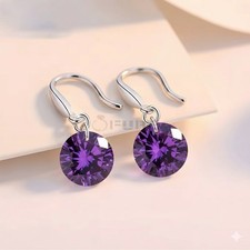 Purple 925 Sterling Silver Diamond Cut Earrings Round Dangle Drop Earrings