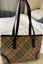 Burberry Haymarket Check Tote Shoulder Bag Brown Leather Strap Zip