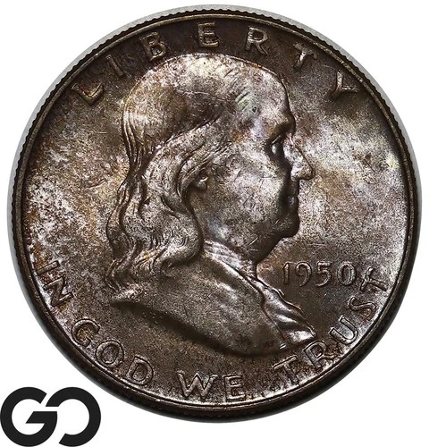 1950-D Franklin Half Dollar, Toned Choice Uncirculated++