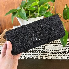 Bijoux Terner Black Beaded Evening Clutch Bag Faceted Stones Formal Wedding 9in