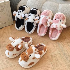 Fuzzy Cow Slippers Cute Warm Cotton Slippers Cozy Animal Shape Shoes Slip-On uk❤