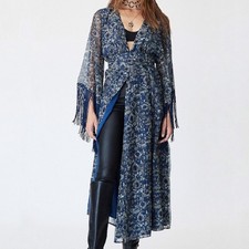 House of Harlow 1960 Blue Print Reska Fringe Sleeve Maxi Dress Sz L