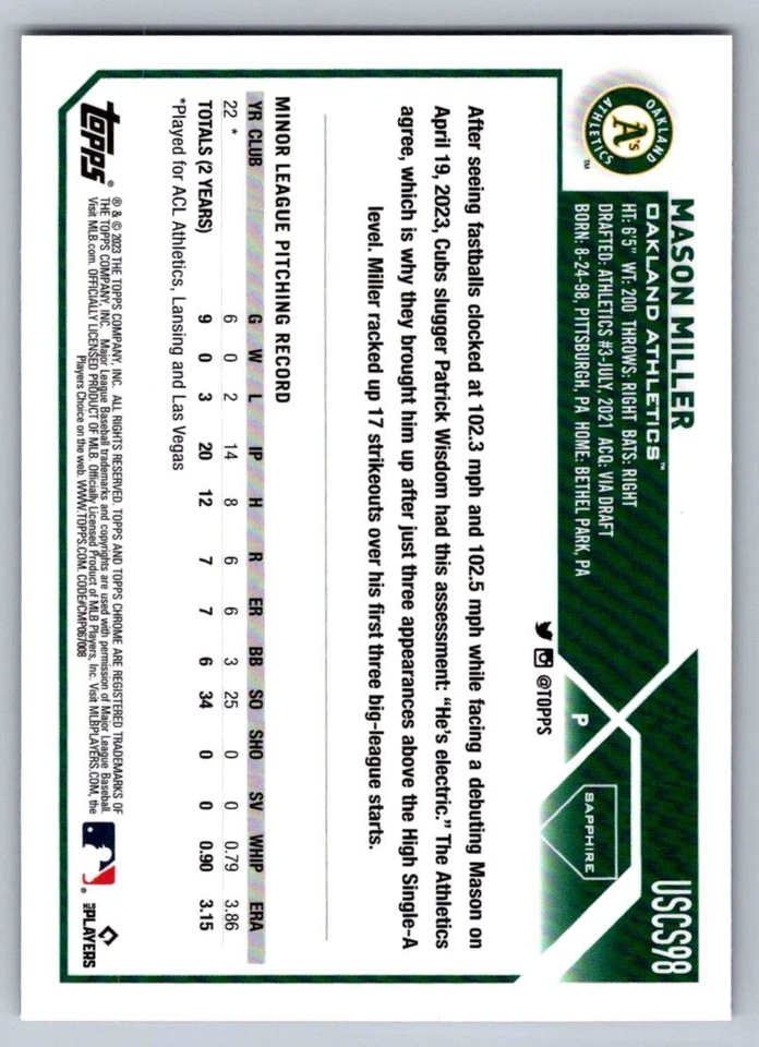 2023 Topps Chrome Update Series Sapphire Edition - Mason Miller #USCS98 (RC) - Image 2 of 2