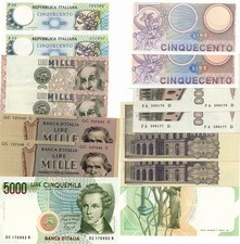 Italia - Lotto 7 banconote 5.000-1.000-500 Lire 1974, 1975, 1982, 1992 (#32513)