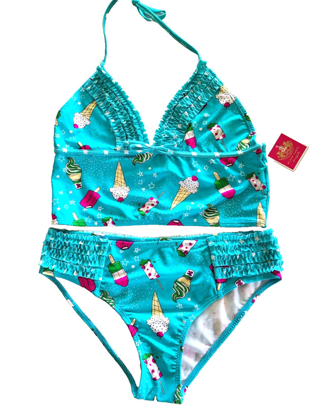 NWTs Girls Halter Ruffle Tankini Swimsuit Blue Ice Cream Size 16