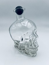 Clear Glass Skull Bottle Decanter w/Wooden Ball Stopper 7" Tall Gothic Decor