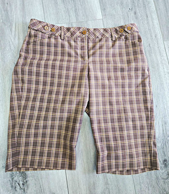 Express Editor Women's Brown Plaid Bermuda Shorts Size 8 Pockets Button