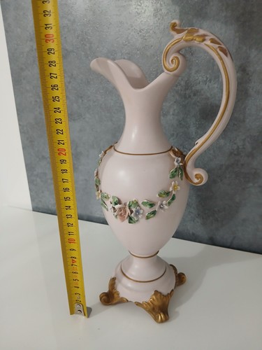 Vaso Anfora Ceramica Capodimonte 30 cm Vintage Bianco con Fiori - Foto 3 di 4