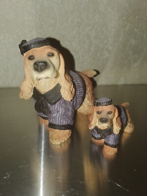 2 Cocker Spaniel Figurines Golden/Blonde in Purple & Black Sweaters & Hats