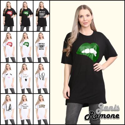 Damen Oversize T-Shirt Kleid Kurzarm Spruch Print Longline Oberteil Minikleid