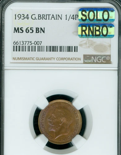 1934 GREAT BRITAIN FARTHING NGC MS65 BN MAC SOLO FINEST & RNBO RAINBOW  RARE *