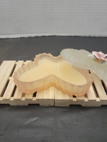 Vintage Butterfly Shape Frosted Glass Candle Holder- With Lid - Pink Rose on Top - Picture 6 of 8