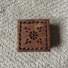 Vintage Hand Carved Floral Wood Jewelry Trinket Keepsake Box India 3x3