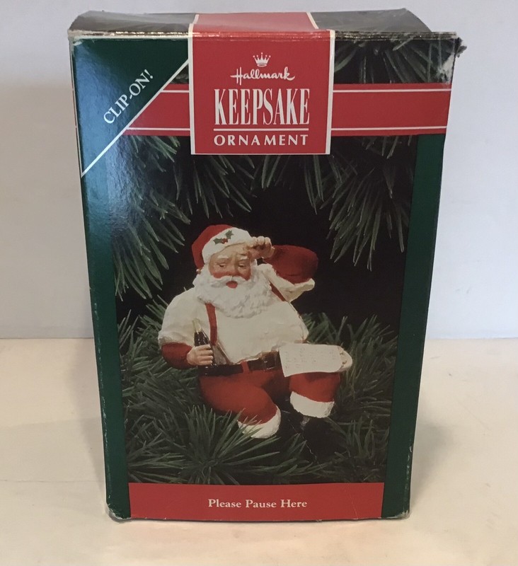 Vintage 1992 Hallmark Coca-Cola Santa Ornament Clip-on “Please Pause Here”