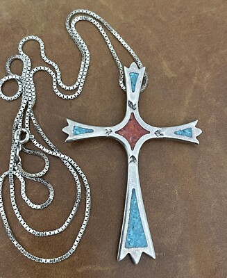 Vtg Native Navajo Sterling Turquoise Coral Chip Inlay Cross Pendant Necklace 24 
