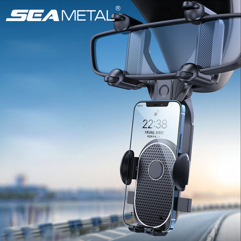 SEAMETAL 360° Car Phone Holder Rotatable And Retractable Rearview Mirror Mount