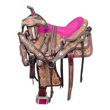 Pink Western Kids Youth Adult Barrel Horse Saddle Tooled Leather Tack Set 10-18"
