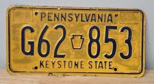 VINTAGE YELLOW PENNSYLVANIA KEYSTONE STATE LICENSE PLATE 6 DIGIT G62 853