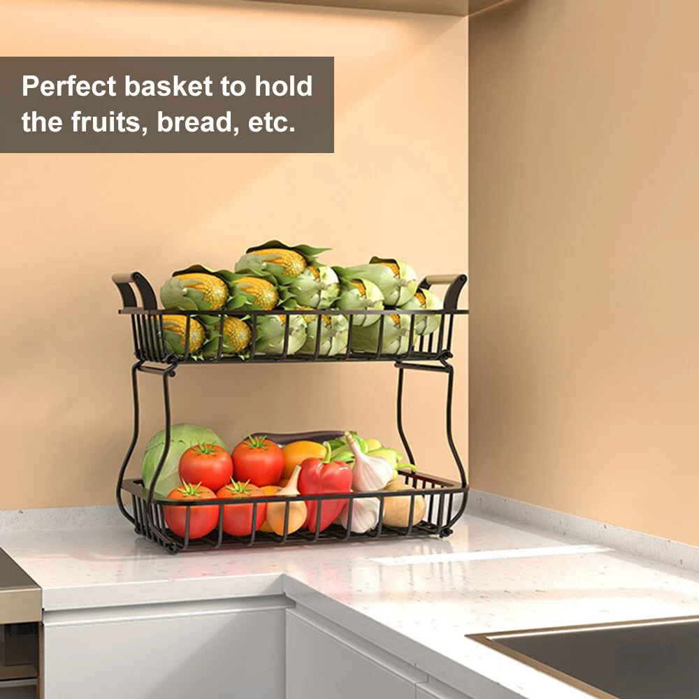 2 Tier Fruit Storage Basket Kitchen Countertop Organizer with Wooden Handle N2Y5 - Picture 11 of 12