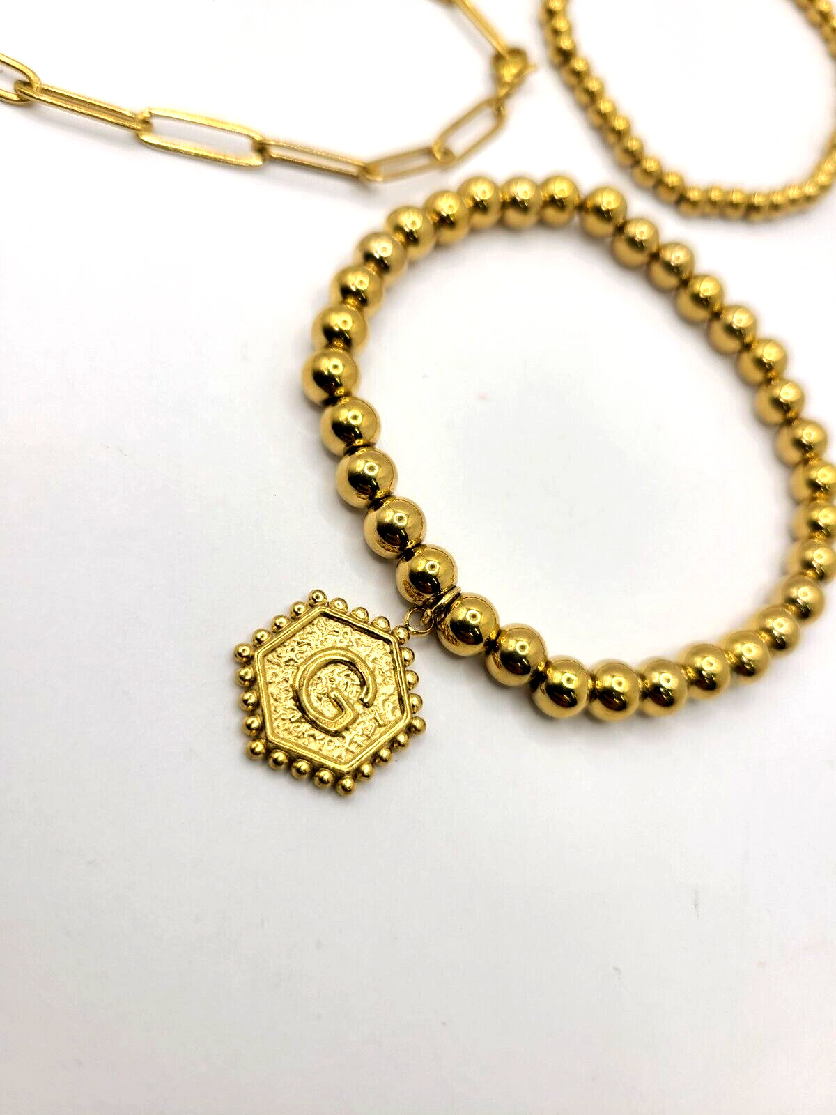 18K Gold Plated Initial G Stackable Stretchy Bead… - image 5