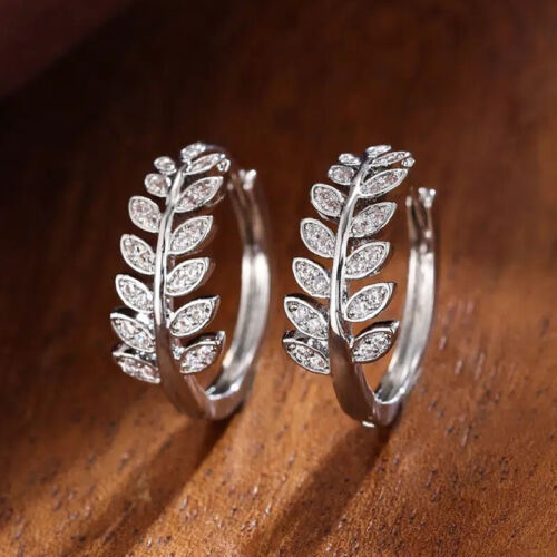Leaf Shaped 925 Silver Plated Hoop Earrings Elegant Women Cubic Zirconia Jewelry - Picture 1 of 11