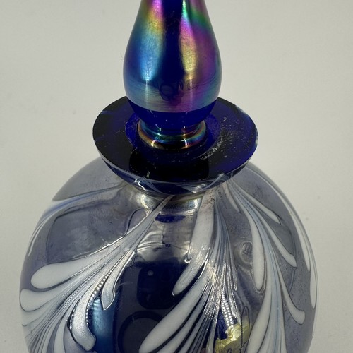 Vtg Iridescent Blue Handcrafted Glass Perfume Bottle Dobber Stopper - Picture 3 of 12