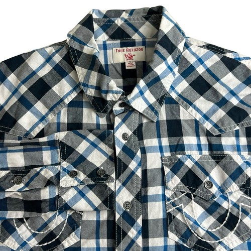 True Religion Herren M kariert bestickt Langarm Knopfleiste gewebt Western Hemd
