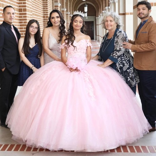 Pink Shiny Quinceanera Dresses Ball Gown Lace Applqiues Off Shoulder Sweet 16 - Picture 3 of 7