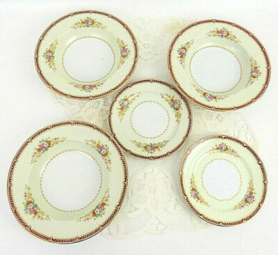 Occupied Japan Rose China 3 Bowls 2 Sm Plates Lot of 5 Floral Gold Accent Rare