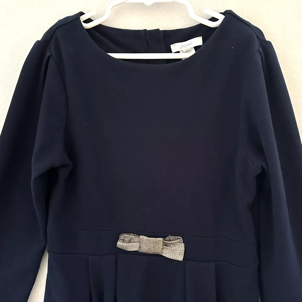 Jacadi Paris 女孩连衣裙海军蓝蝴蝶结长袖 12 码 — 第 2/4 张图片