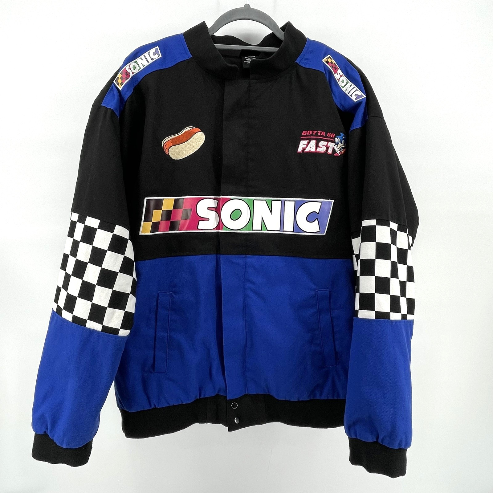 Sonic The Hedgehog Jacket Mens Large Racing Bomber Blue Checkered Gotta Go Fast