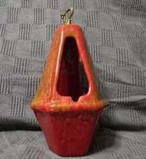 MCM Hanging Ceramic Ashtray.  Mottled Colors Of Orange, Green And Red.  12" Tall