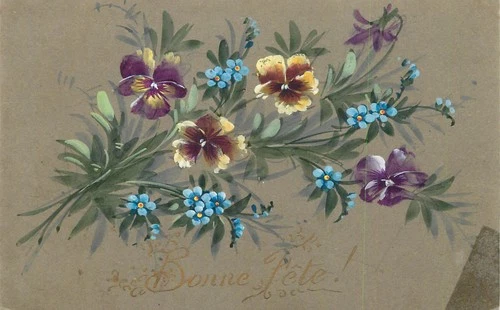 B623 Bonne Fete Antique French Floral Postcard Pansies Forget Me Not Flowers