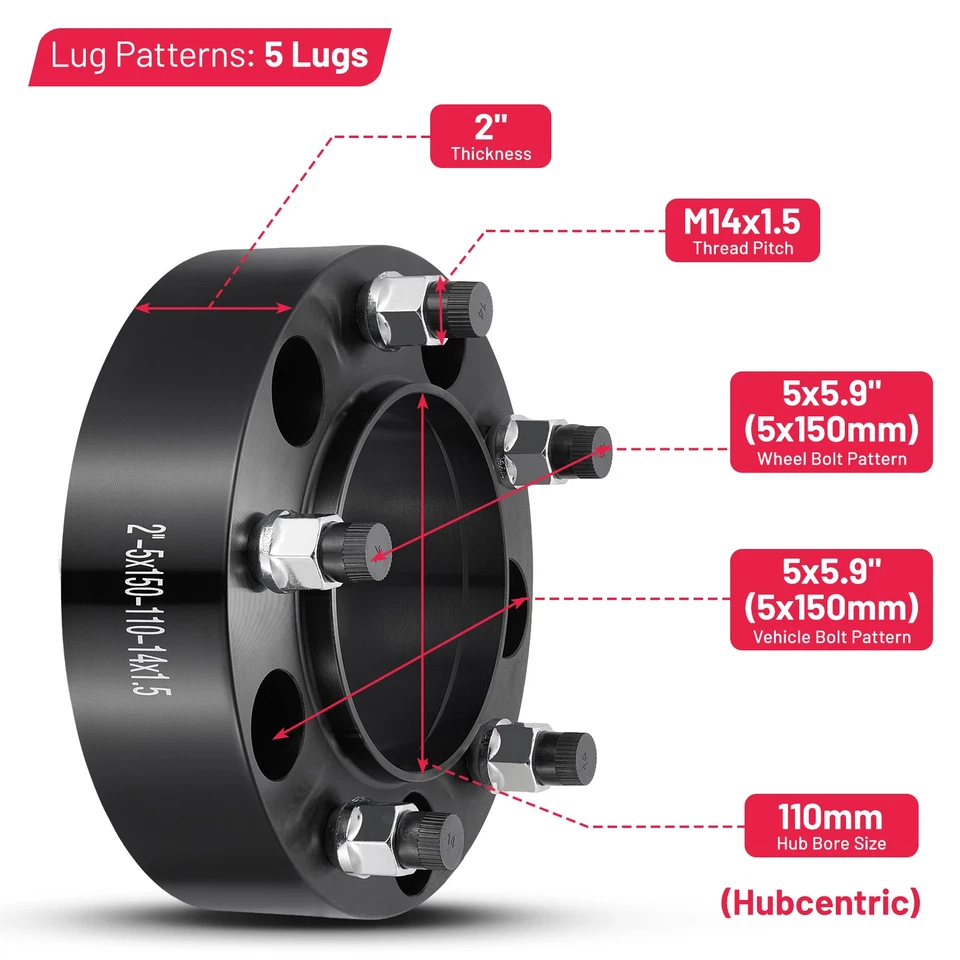4 piezas espaciadores de rueda centrados en el cubo 2 pulgadas 5x150 14x1,5 para Toyota Tundra 2007-2021 Foto 2 de 4