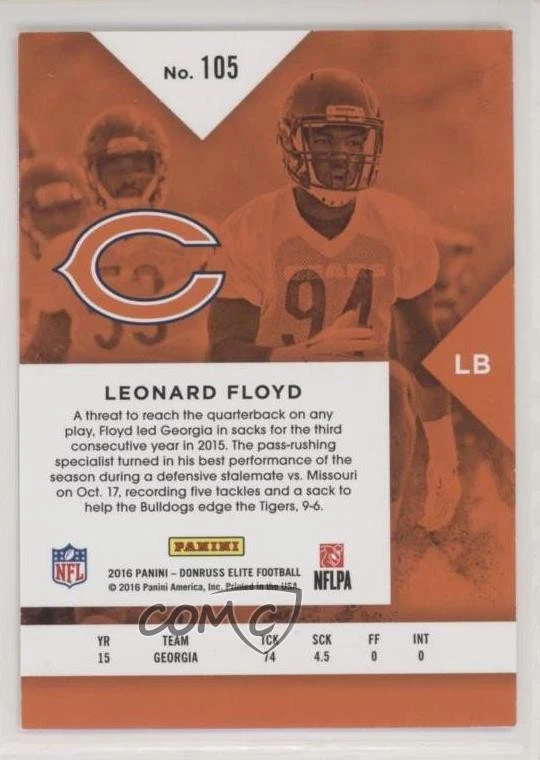 2016 Donruss Elite Elite Rookies Purple /25 Leonard Floyd #105 Rookie RC - Image 2 of 2