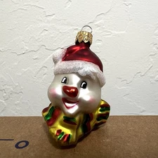 Vintage 3” Small Blown Glass Snowman Head With Scarf And Hat Christmas Ornament