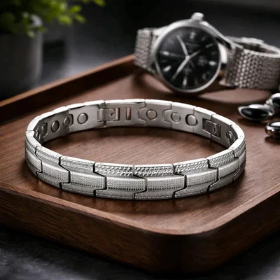 Bracelet Biomagnétique En Acier Inoxydable Argenté De Guérison Pour Hommes - Photo 1/4