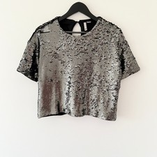H&M Black Silver Sequin Crop Top UK M Sparkly Party Evening Womans Short Sleeve