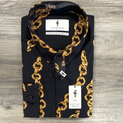 Father Sons Men's XL Slim Fit Stretch Black/Gold Chain Button-Up Shirt FS856