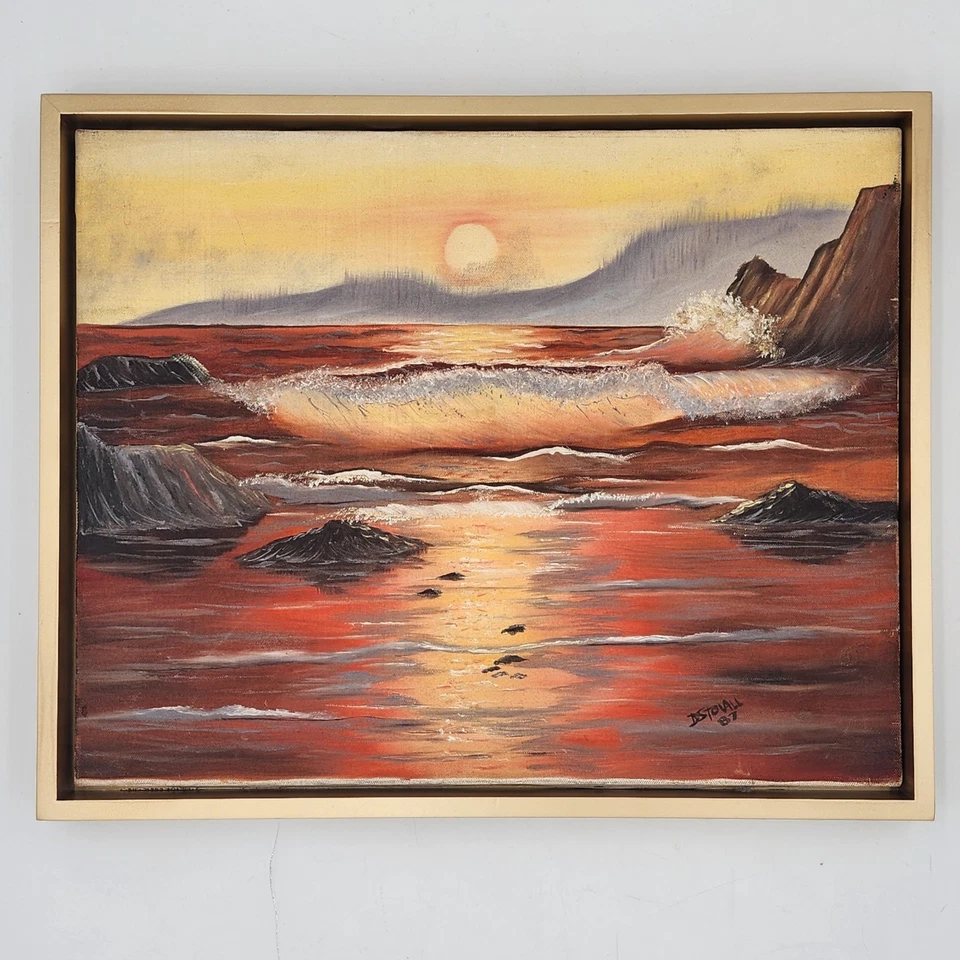 Pintura al óleo vintage 1989 enmarcada paisaje marino puesta de sol olas del océano arte costero firmado Foto 4 de 4