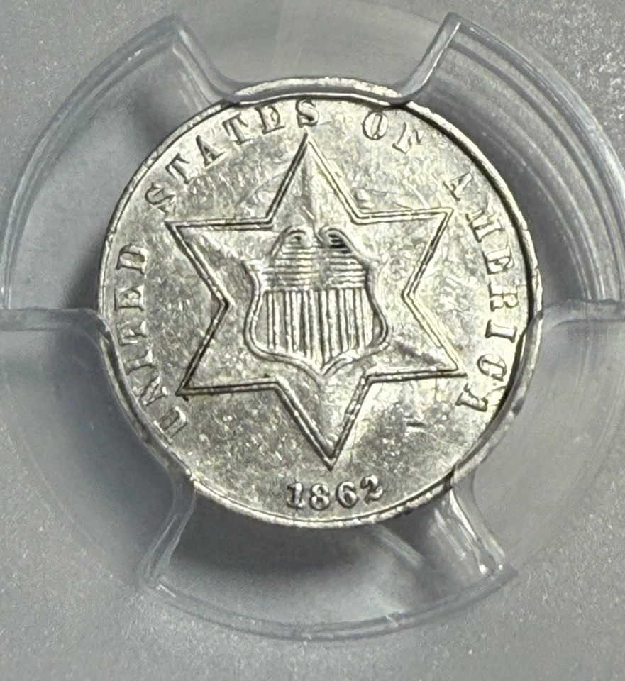 1862/1 Three Cent Silver PCGS AU53 – Scarce Overdate Variety – Sharp AU - Image 3 of 4