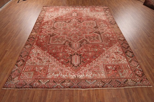 Vintage Geometric Red Wool Heriz Dining Room Rug 10x13 Hand-knotted Carpet - 第 3/19 張圖片
