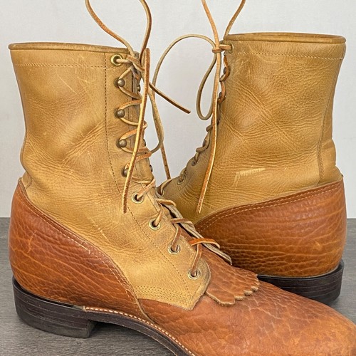 Vintage men's two-tone brown leather roper boots 10.5 Western Victorian Justin - Picture 10 of 13