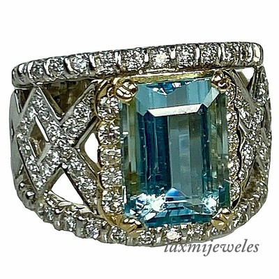 14K 2-Tone Gold Finish 3.21CT Emerald Cut Real Aquamarine Floral Engagement Ring