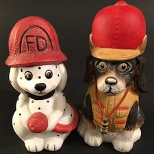 FIRE CHIEF DOG BANK FIGURINES SET OF 2 DALMATIAN DOG JASCO FIRE DEPARTMENT