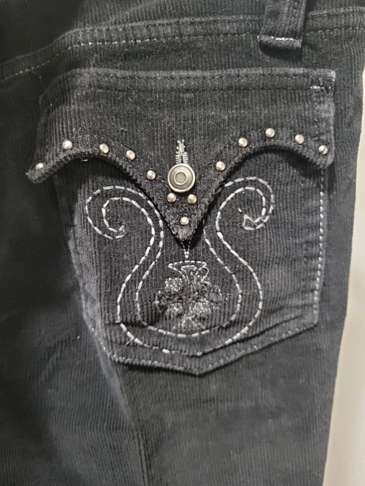 Jeans vintage bordado cintura baixa veludo alargado preto tamanho 15 36x27 anos 90 Y2K - Imagem 4 de 4